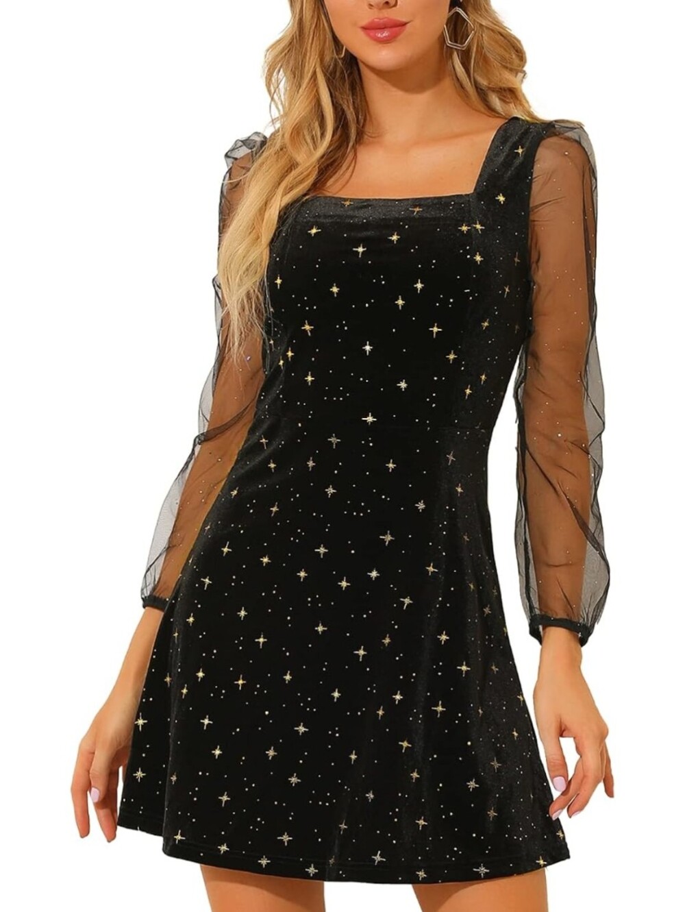 Black Velvet Starburst Square-Neck Dress with Sheer Sleeves
